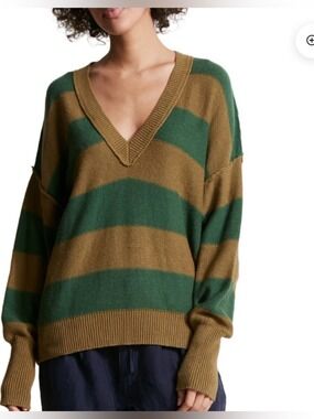 NSF Gracie V Neck Longer Length Striped Sweater SZ M Juniper Camo